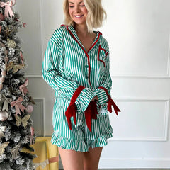 Aiertu - Women Silk Bow Tie Pajama Set Satin Button 2 Piece Pjs Outfit Long Sleeve Funny Shirt Shorts Lounge Sleepwear Aiertu