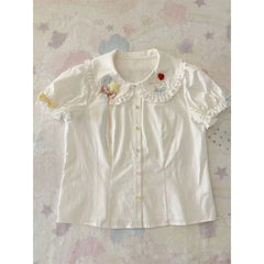 Aiertu Japanese Kawaii White Shirts Women Jk Lolita Bow Embroidery Blouses Summer Y2K Aesthetic Lace Patchwork Short Sleeve Tops Aiertu