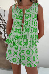 Aiertu -Casual Flowers Lace Up Contrast O Neck Sleeveless Two Pieces(3 Colors) aiertu