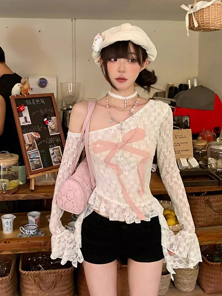 Aiertu - Flowy Ruffle Hem Long Sleeve T-shirt Women White Floral Lace Ribbon Off Shoulder Asymmetrical Top Fall Female Clothing Aiertu