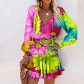 Aiertu Fashion Vintage Colorful Floral Print Party Dress Women Spring Summer Elegant V-Neck Drawstring Ruffle Mini Dresses Casual Dress Aiertu