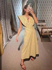Aiertu - Ladies V Neck Plaid Print Maxi Summer Dress Women Fly Sleeve High Waist Big Hem Slim Long Dresses Holiday Vestidos Robe Female Aiertu