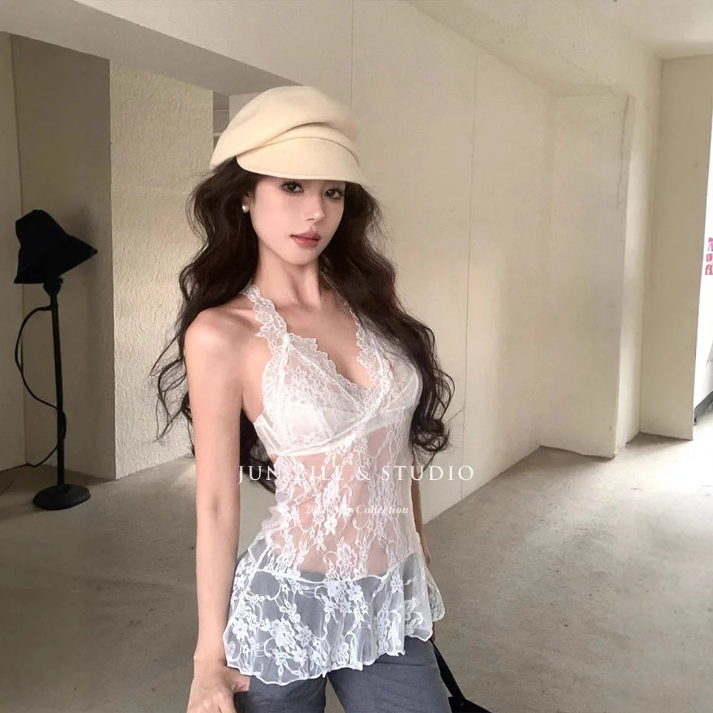 Aiertu - Lace bottoming shirt female sweet sexy hot girl perspective lace lace V-neck neck sling stacked inside top Aiertu