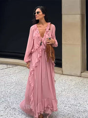 Aiertu - Ruffle Lace Deep V-neck Big Swing Long Dress Women Elegant Drawstring High Waist Long Flare Sleeve Holiday Pleated Lady Dresses Aiertu