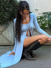 Aiertu - Fashion Vacation Summer Outfits 2pc Lace-up Knit Long Cardigan Top And Tight Shorts Set Spring Chic Sexy Beach Tees Pant Set New Aiertu
