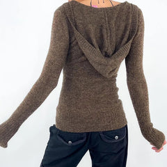 Aiertu - Y2K Brown V-neck Hooded Sweater Vintage Basic Slim Button Up Knitted Pullovers Autumn Casual Streetwear Outfits Lady Aiertu