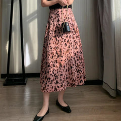 Aiertu - Pink Leopard Print Skirt Sweet Cool Cute Thin Mid-length A-line Skirt Spring/Summer Women Vintage Outerwear Clothing Aiertu