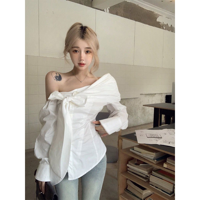 Aiertu Elegant White Shirts Women Streetwear Fashion Bow Bandage Blouses Korean Sexy Off Shoulder Long Sleeve Slim Design Tops Aiertu