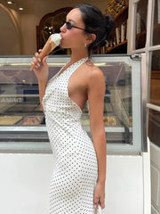 Aiertu - Summer Polka Dot Print Maxi Dress Women Bandage Halter v-Neck Backless Sleeveless Kink Folds Temperament Street Vestidos Aiertu