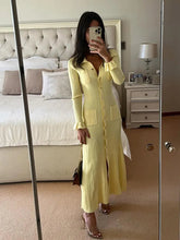 Aiertu - Yellow Lapel Single Breasted Petal Sleeve Dress Female Pockets Slim Fit Long Knitted Dresses Autumn New Women High Street Robes Aiertu
