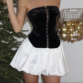 Aiertu - Contrast Backless Tube Top Dress Female Buttons Chic High Waist Mini Dress Women's Sexy Slim A-line Evening Party Dress Aiertu