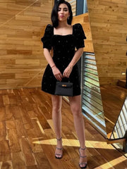Aiertu - Elegant Shiny Rhinestones Velvet Prom Dress Women Square Collar Slim Lantern Sleeve Mini Dress Female Lady Evening Party Gown Aiertu
