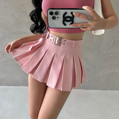 Aiertu Solid Color Pleated A-Line Low Waist Mini Skirt Aiertu