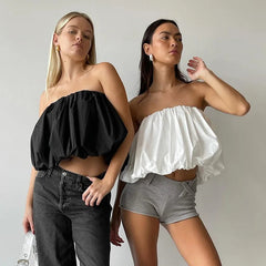Aiertu - Solid Sexy Strapless Two-Way Crop Top Skirt For Women Summer Fashion Sleeveless Folds Off Shoulder Hot Girl Club Vestido Aiertu