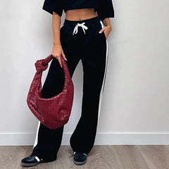 Aiertu Streetwear Stripe Spliced Autumn Sweatpants Women Trousers Sporty Casual Elastic Waist Homewear Pants Straight Bottom Aiertu
