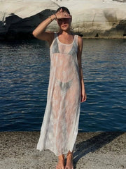 Aiertu - Y2K Summer Mesh See Though Black Lace Beach Dress Women Sexy O-neck Sleeveless White Dress Club Holiday Women Dress High Street Aiertu