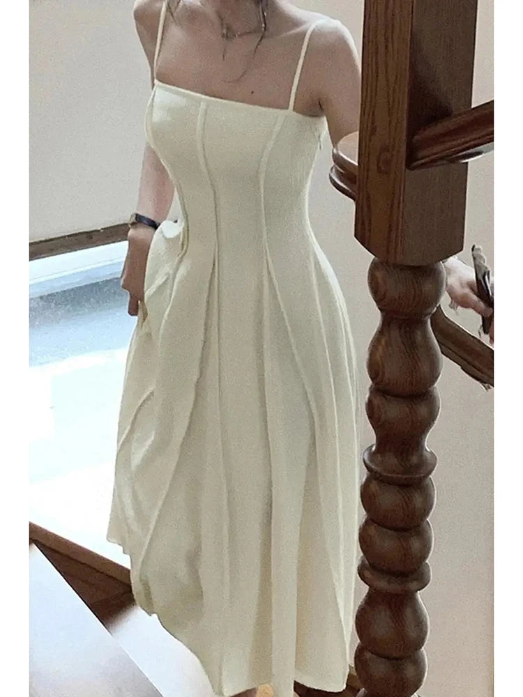Aiertu - Vintage White Spaghetti Strap Casual Chiffon Midi Dress Summer Sleeveless Elegant Party Vestidos Fashion Robe Clothes for Women Aiertu