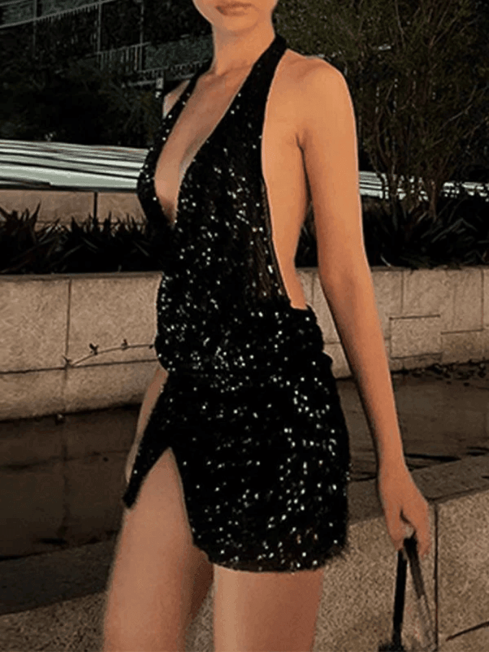Aiertu -Split Sequin Halter Party Mini Dress aiertu