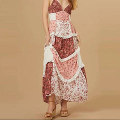 Aiertu - Sexy Deep V Hollow Summer Long Dress Elegant Floral Print Pleated Women's Dress Fashion Off Shoulder High Waist Bohemian Dresses Aiertu