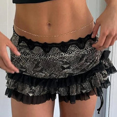 Aiertu - Vintage 90s Aesthetic Mini Skirt Coquette Women Fairy Lace Trim Low Rise Short Skirt Y2k Leopard Print Tiered Miro Pencil Skirt Aiertu