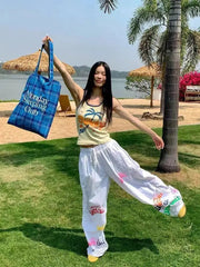 Aiertu - Summer new dopamine letter design sports wide-leg paratrooper pants American retro beach mopping trousers Aiertu