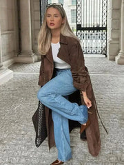 Aiertu - Female Retro Jacket Elegant Brown Belted Waist Long Coat Double Breasted High Street Autumn Fashion Full Sleeve Outwear Aiertu