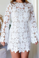 Aiertu - Sexy Hook Flower Hollow Out Backless Flowers O Neck Long Sleeve Dresses Aiertu