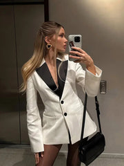 Aiertu - party look snspos Chic Women White Slim 2 Bittons Suit Jacket Elegant Black Lapel Collar Full Sleeve Formal Coat Lady Spring Highstreet Outwear Aiertu