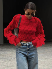 Aiertu - Splice Tassel Short Knitted Top Female Solid Slim Fit Long Sleeves Fashion Pullover Sweater Women's Autumn Winter Casual Aiertu
