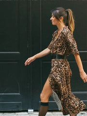 Aiertu - Fashion Leopard Print Long Sleeve Dress For Women V-neck Side Split Casual Loose Dresses 2026 New Lady High Street Vestidos Aiertu