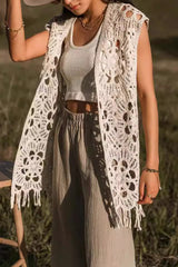 Aiertu - Casual Vacation Solid Color Hollow Out Fringed Hem V Neck Tops Aiertu
