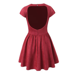 Aiertu - Spring 2025 Women Black Wine Red Backless Dress O Neck Short Sleeve A-line Mini Velvet Dresses Party Robe Aiertu