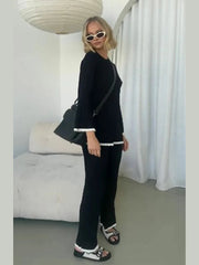 Aiertu - 2026 Autumn Ruffle Basic Knitted Pants Set Round Neck Long Sleeves Top Wide Leg Trousers Suits Female 2026 Casual Office Outfits Aiertu