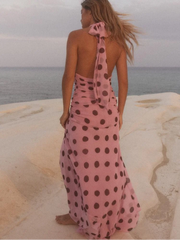 Aiertu - Ladies Sexy Halter Dress Lace-up Deep V Dot Design Sleeveless Backless Skinny Pleated Robe Summer Beach Evening Party Gown Aiertu