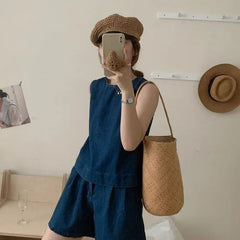 Aiertu - Sweet Hot Girl Denim Suit Women's Summer Casual O-neck Sleeveless Top High Waisted Shorts Two-piece Set Fashion Female Clothes Aiertu