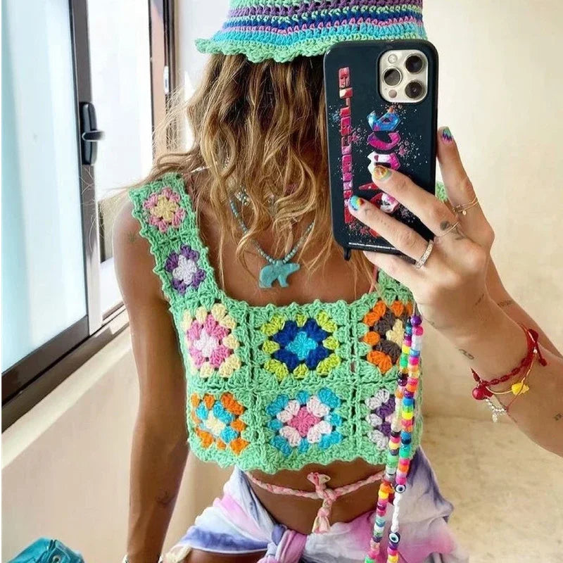 Aiertu - Summer Hollow Out Crochet Top Women Cute Cropped Tops Retro Cool Girl Rainbow Short Tee Holiday Top and Tees Aiertu