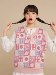 Aiertu - Kawaii Preppy Style Sweater Vest Y2k Women Sweet Pink Loose Floral V-Neck Knitted Pullover Sleeveless Plaid Outerwear Aiertu