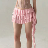 Aiertu - Vacation Tiered Layer Ruffles Mesh Mini Skirt Fairycore Irregular Ribbon Skirt Beach Young Hot Girl's Pink Skirt Summer Aiertu