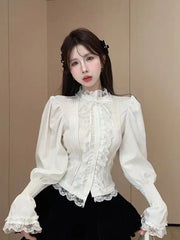 Aiertu Horn Bubble Sleeve Shirt Women's Half High Collar Top Lace Bottom Shirt Aiertu