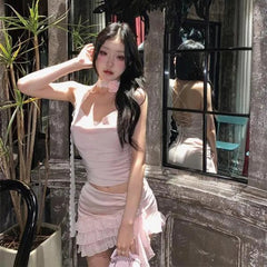 Aiertu - Sweet Hot Girl Sexy Suit Women's Summer Lace Camisole Vest High Waisted A-line Short Skirt Two-piece Set Fashion Female Clothes Aiertu