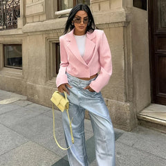 Aiertu - Pink Casual Short Blazers For Women Loose 2026 Autumn Winter New Top Long Sleeve Solid Notched Lady Fashion Blazers Coat Aiertu