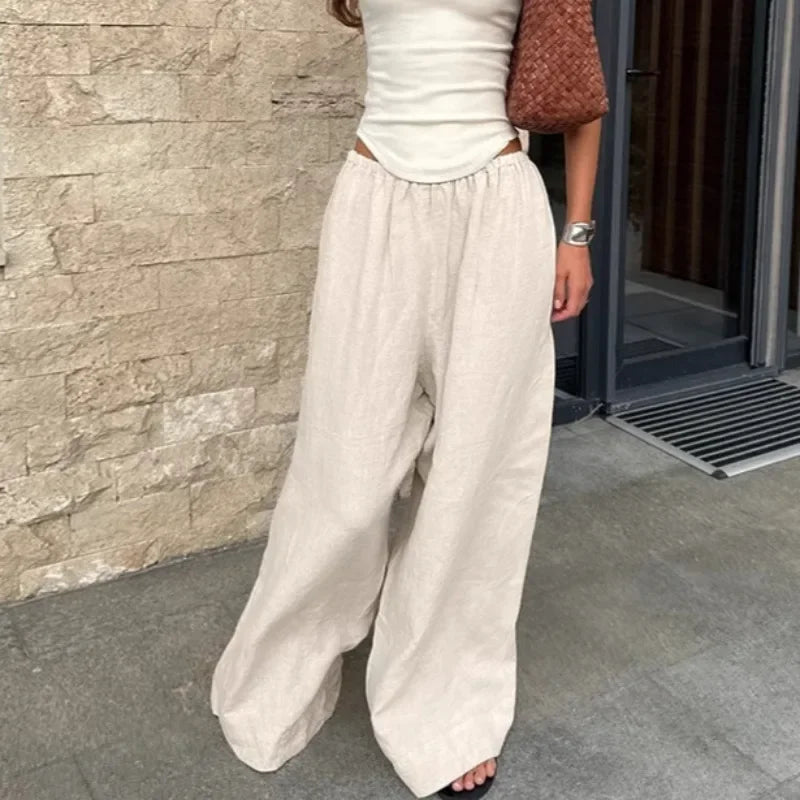 Aiertu - Cotton Linen Wide Leg Pants Women Fashion Elastic High Waist Pockets Casual Loose Trousers Streetwear Summer Vacation Bottoms Aiertu