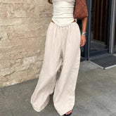 Aiertu - Cotton Linen Wide Leg Pants Women Fashion Elastic High Waist Pockets Casual Loose Trousers Streetwear Summer Vacation Bottoms Aiertu