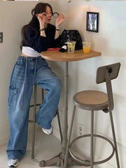 Aiertu - Y2K Jeans Women Casual Loose Drawstring High Waist Denim Pant Female Big Pockets Chic Fashion Streetwears Lady Trouser Leg Pants Aiertu