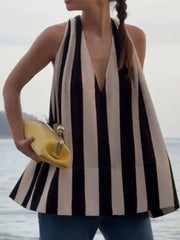 Aiertu - Trendy Sleeveless Striped Hang Neck Women Top Loose V-neck Backless A-line Vest 2026 New Season Casual Holiday Female Tops Aiertu