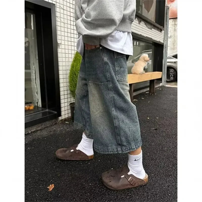 Aiertu - American Retro Blue Trousers Fashionable Street Straight Wide Leg Shorts Harajuku Hip Hop Loose Casual Shorts Men Clothing Aiertu