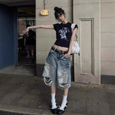 Aiertu - American high street design sense worn hole straight five-point jeans women's y2k new hiphop hip hop pants tide Aiertu