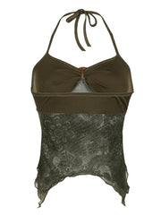 Aiertu - summer inspo Hot Retro Forest Green Vintage Print Boho Y2K Camisole Backless Halter Tie Asymmetrical Tops Women Summer Vacation Clothing Aiertu