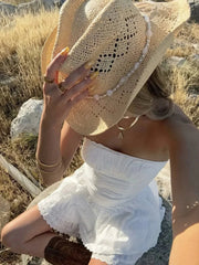Aiertu - Lace Trim Patchwork White Dresses For Women New Strapless Sleeveless Tiered Mini Dress Summer Sweet Fashion Sexy A-line Vestidos Aiertu