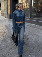 Aiertu - Lapel Single-breasted Woman's Denim 2 Piece Sets Vintage Soild Waistless Denim Short Tops Straight Baggy Low Rise Jeans Pants Aiertu